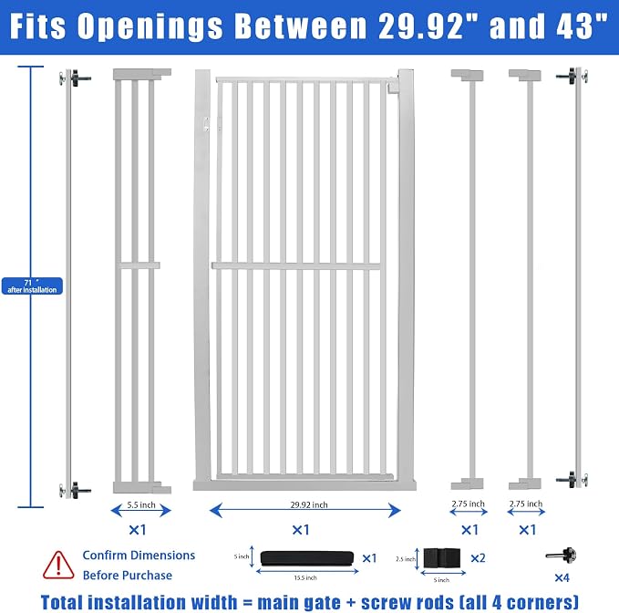 Rgqphantom 71 inch Extra Tall Pet Gate，29.92"-43" Extra Wide Pressure Mounted Walk Through Swing Safety Cat Gates for Stairs, Doorways, Kitchen(71 * 43inch)