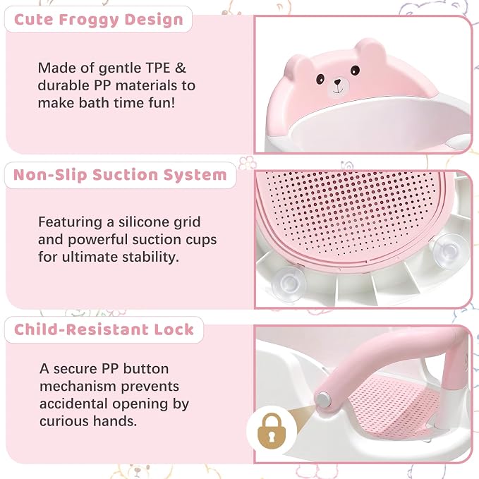 Baby Bath Seat for Babies 6 Months & Up, Non-Slip Toddler Bath Seat with Suction Cup, Baby Friendly and Comfortable Portable Infant Bathtub Chair Sitting Up for Bathroom (Pink)