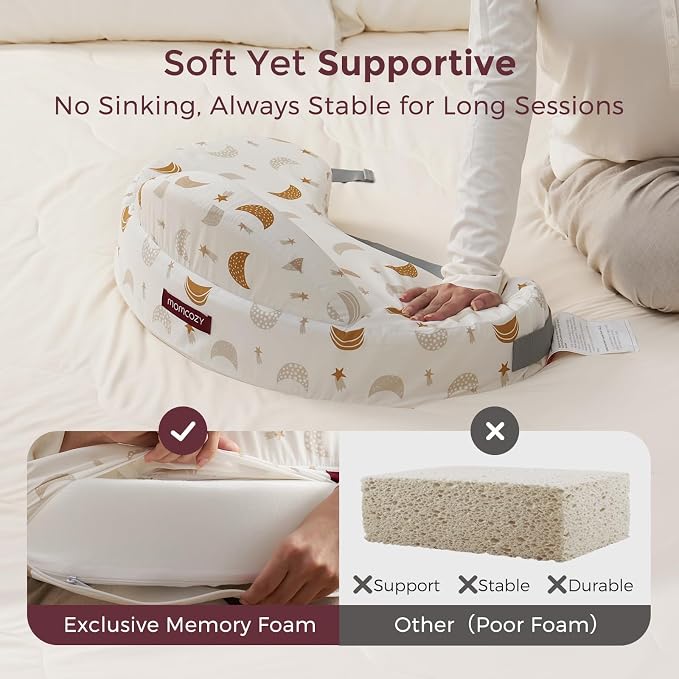 Momcozy Nursing Pillow - Firm & Springy Memory Foam - Stable, Ergonomic Support & Comfort - Wider Breastfeeding Cushion, Adjustable, Removable Cover, Baby Safety Certified, Starry Night