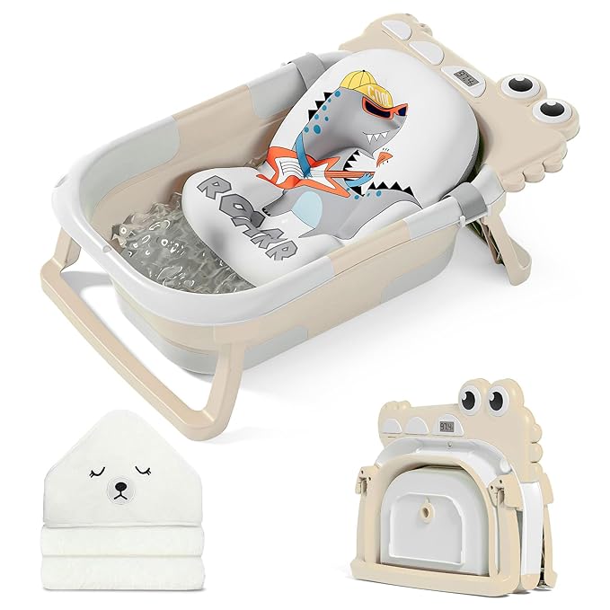 MoreFeel Collapsible Baby Bathtub for Newborn with Thermometer & 1 Hooded Towel & 1 Soft Floating Cushion,Portable Travel Bathtub with Drain Hole, Durable Foldable Baby Tubs for Infants to Toddler