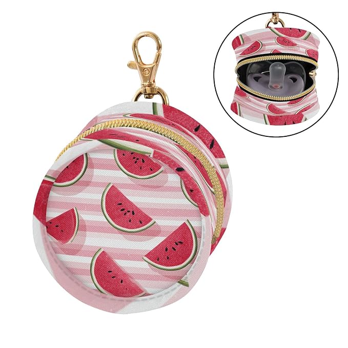 Pacifier Holder with Clip Pacifier Case for Diaper Bag Round Baby Pacifier Pouch Box Bag Portable Pink and White Striped Juicy Watermelon Slices
