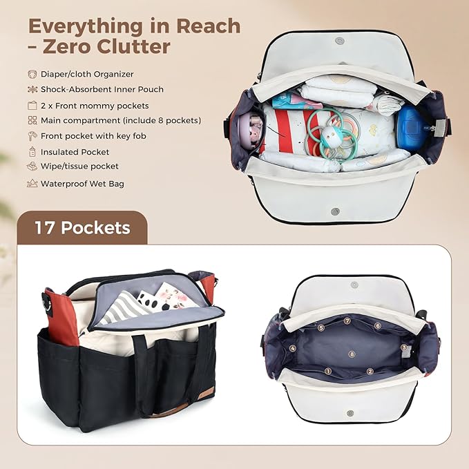 Lekebaby Diaper Bag Tote for Baby - 17 Pockets Large Travel Diaper Tote with Portable Changing Pad, Mom Crossbody Hospital Bag for Labor Delivery, Waterproof, Baby Essentials for Newborn Gifts, Beige