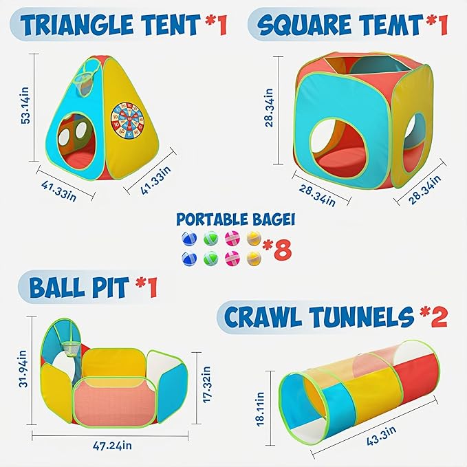 5Pcs Kids Play Tent and Play Tunnel,Ball Pit for Toddler Baby,Foldable Pop Up Tents with Carry Bag,Indoor Outdoor Playhouse with Crawling Toys,Boys and Girls Best Birthday Gifts