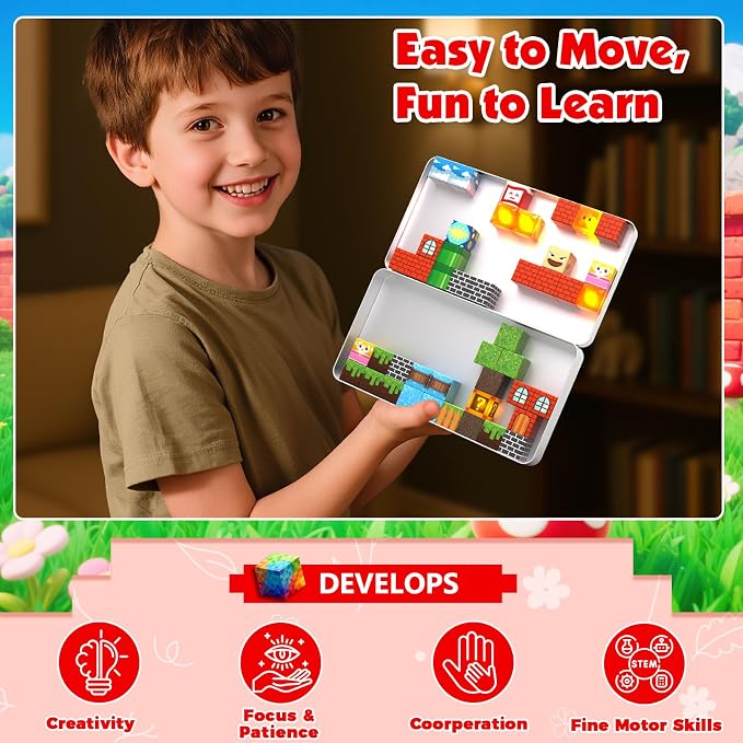 Annexfun Magnetic Blocks with Light Up Blocks - 45PCS Travel Magnetic Building Blocks for Toddler,STEM Educational Cubes Toys for Kids Ages 3 4 5 6 7 8 Year Old Boys Girls Christmas Birthday Gifts