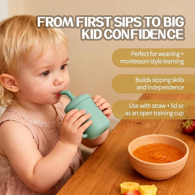 2 Pack 100% Silicone Baby Sippy Cups Tiny Silicone Drinking Training Cup with Handles & Straw for Baby and Toddler (grey，green)