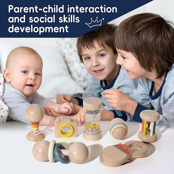 Wooden Baby Rattle Set, 7-in-1 Montessori Toys for Infants 0-6 Months, Moonkie Natural Wooden Baby Toys with Sensory Musical Instruments & Storage Bag