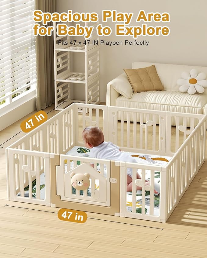 TINYHARBO Premium Foam Baby Play Mat 47x47 ??Removable & Machine Washable Cover, Extra Thick Padding Playpen Mat, Non-Slip Crawling Mat, Easy to Clean for Infants, Toddlers & Babies