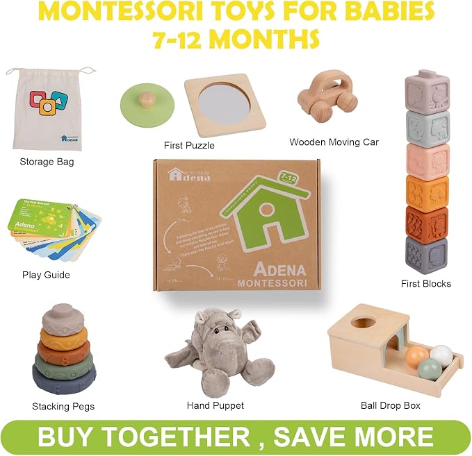 Adena Montessori Play Kit for 7-12 Month Baby,6 in 1 Learning Educational Brain Development Toys for Toddler Includ First Puzzle,Ball Drop Box,Stacking Pegs,First Blocks,Wooden Moving Car,Hand Puppet