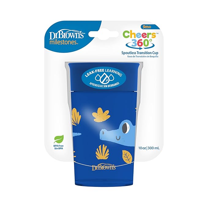 Dr. Brown's Milestones Cheers 360 Spoutless Transition Cup, Travel Friendly and Leak Free Sippy for Babies and Toddlers, Blue Animals, BPA-Free, 10 oz/300 mL, 9m+, 1-Pack