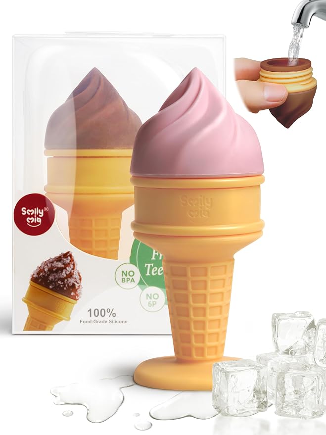 Smily Mia Ice Cream Cone Baby Teething Toys, Water-Filled Freezable Teether for Babies&Infants, Teething Relief for 0-18 Months, Not-Too-Cold-to-Hold Freezer Teether for 3-6 6-12Months, Peach Pink