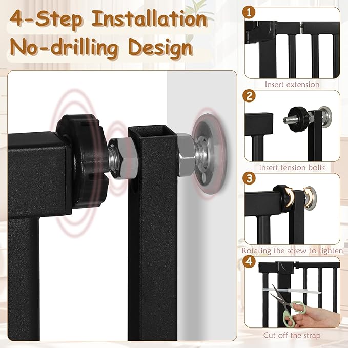 55'' Extra Tall Cat Gate, 34.2"-38.2" Wide Auto Close Tall Pet Gate for Doorways, Pressure Mounted High Dog Door Gate No Drilling Cat Fence Safety Baby Gate for Stairs, Doorways, Black