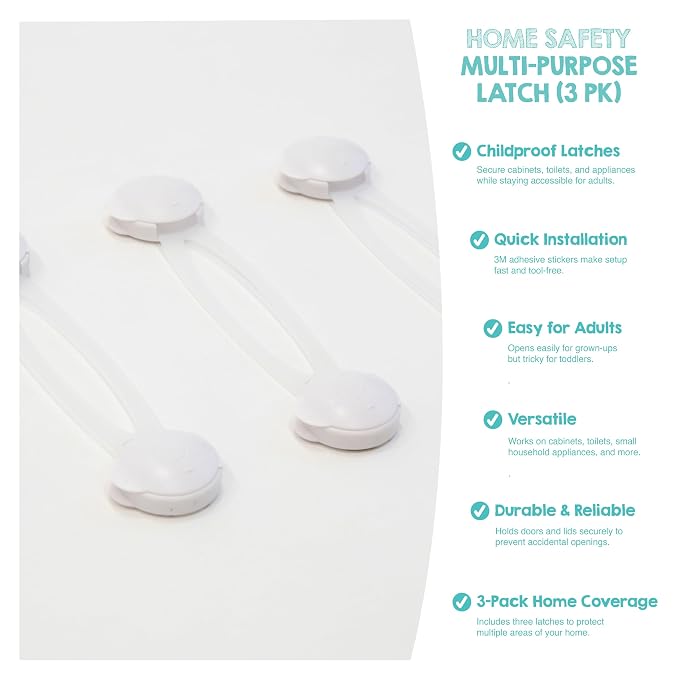 Regalo 3 Pack Child Safety Cabinet Locks, No Drill Adhesive Baby Proofing Latches for Drawers, Fridge and Cabinets, Multi-Purpose 3M Straps, White