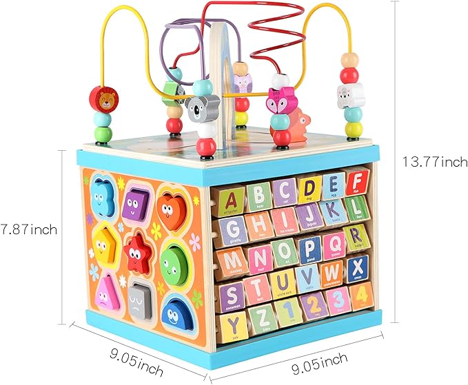 Qilay Wooden Activity Cube for Toddlers (Large), 5 in 1 Multipurpose ABC-123 Abacus Bead Maze Shape Sorter | Early Educational Toy for Toddlers - First Birthday Present for Boys Girls