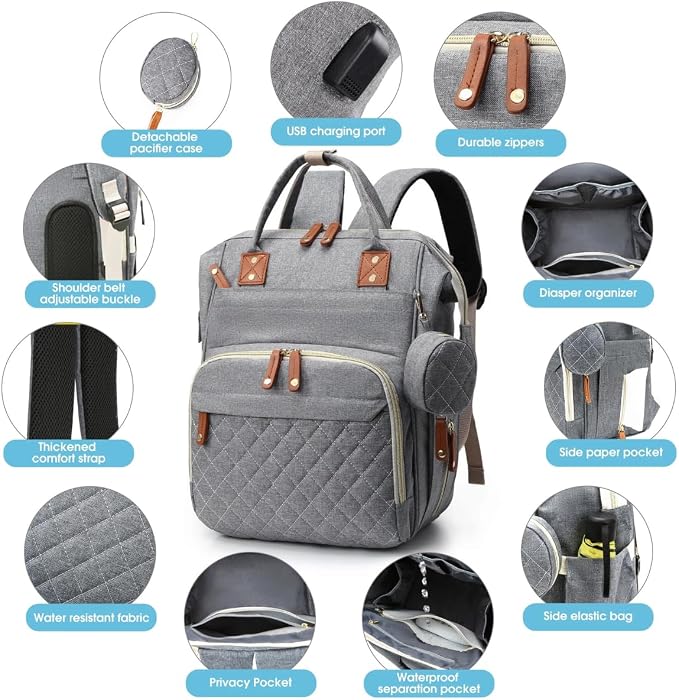 Diaper Bag With Changing Pad, Travel Waterproof Bagpack Diaper Bag For Mom Dad With USB Charging Port, Large Capacity & Multifunctional With Insulated Pacifier Case - Grey