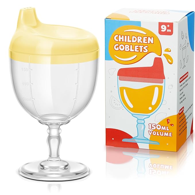 Irenare 1 Pcs Baby Wine Sippy Cup Plastic Goblet Cup No Spill Toddler Sippy Goblet Beverage Milk Water Bottle for Kids Holiday Birthday Party Funny Gift (Goblet Style,Yellow)