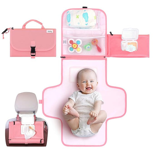 Kopi Baby Portable Diaper Changing Pad - Baby Diaper Changer Travel Bag with Wipes Pocket, Smart Design Portable Changing Mat, Infant Travel Station Kit, Gift for Newborn Girl & Boy - Pink, Classic