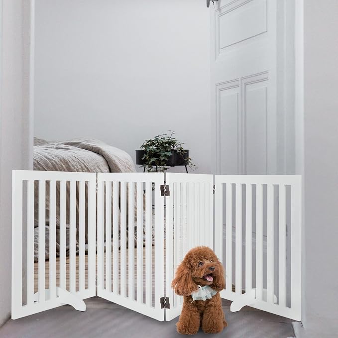 Dog Gate Indoor, 4 Panel Foldable Dog Gate with 2PCS Support Feet, 24" Height Pet Fence Wooden for House Doorways Indoor Outdoor Stairs with Rubber Pads White