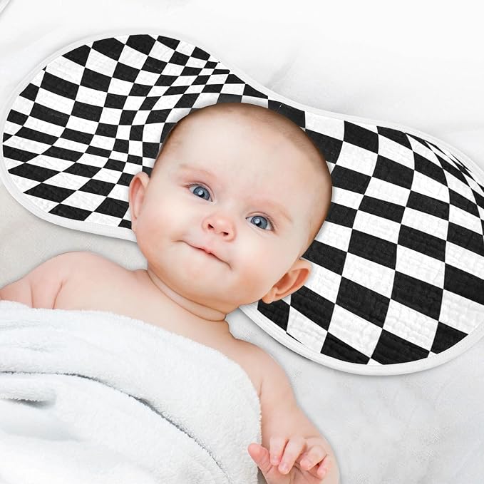 Muslin Baby Burp Cloths Set of 1, Soft Black White Checkered Absorbent Muslin Washcloths, Bibs, Face Towel for Newborn Boys Girls, 22 x 11 Inch
