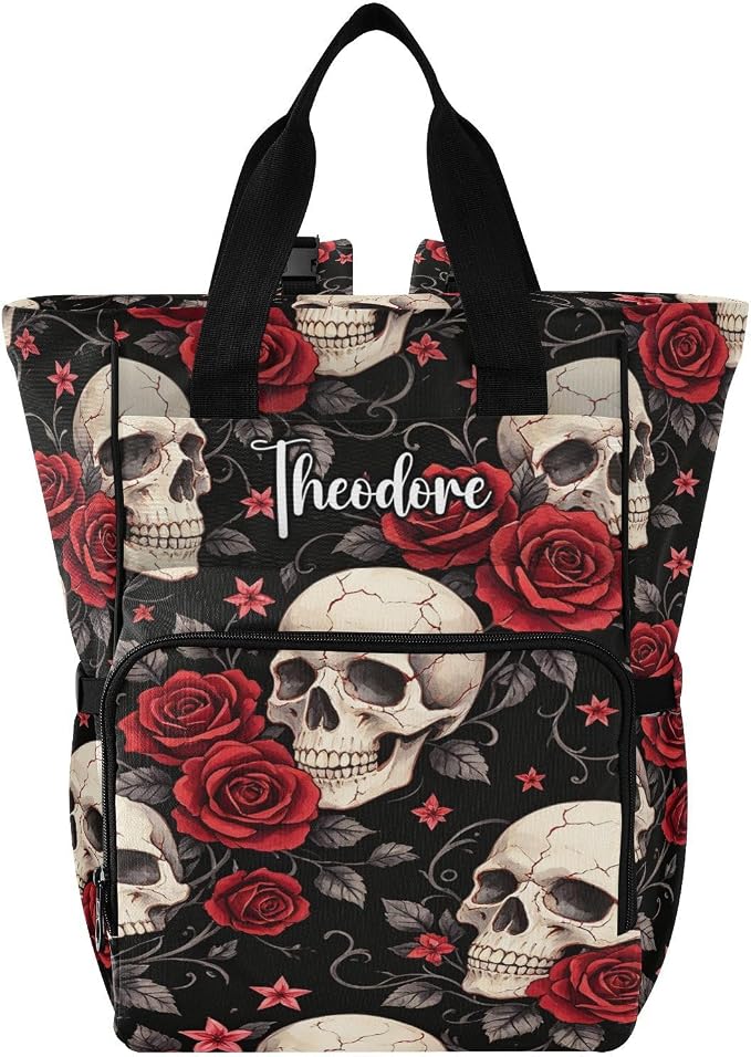 Custom Name Gothic Red Rose Skull Diaper Bag – Large Capacity for Mom Dad