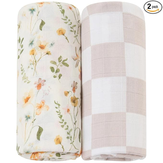 LifeTree Muslin Swaddle Blankets for Baby Girl, 2-Pack 70% Viscose from Bamboo and 30% Cotton Large Swaddle Blankets (47" x 47"), Floral & Dusty Pink Checkered