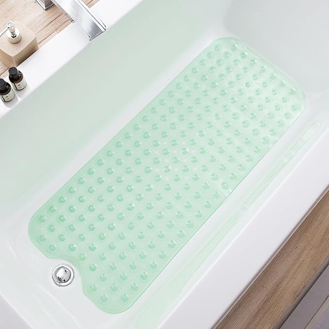 TEESHLY Bathtub Mats for Shower Tub, Extra Long Non-Slip 39 x 16 Inch Bath Mat with Drain Holes and Suction Cups, BathMat for Bathroom with Machine Washable (Clear Green)
