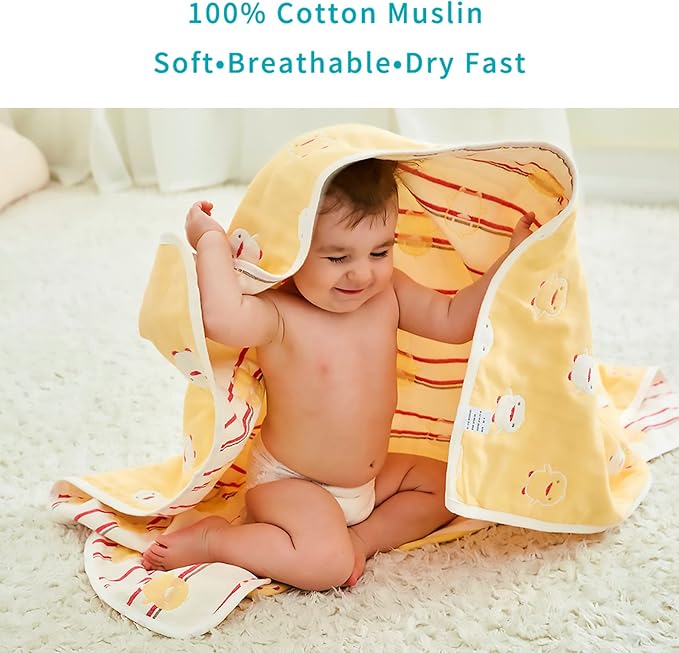 TONWHAR Muslin Baby Blankets,6-Layer Cotton Gauze, Soft and Breathable Baby Quilt,Kids Summer Blanket,Baby Bath Towel (Yellow Duck)