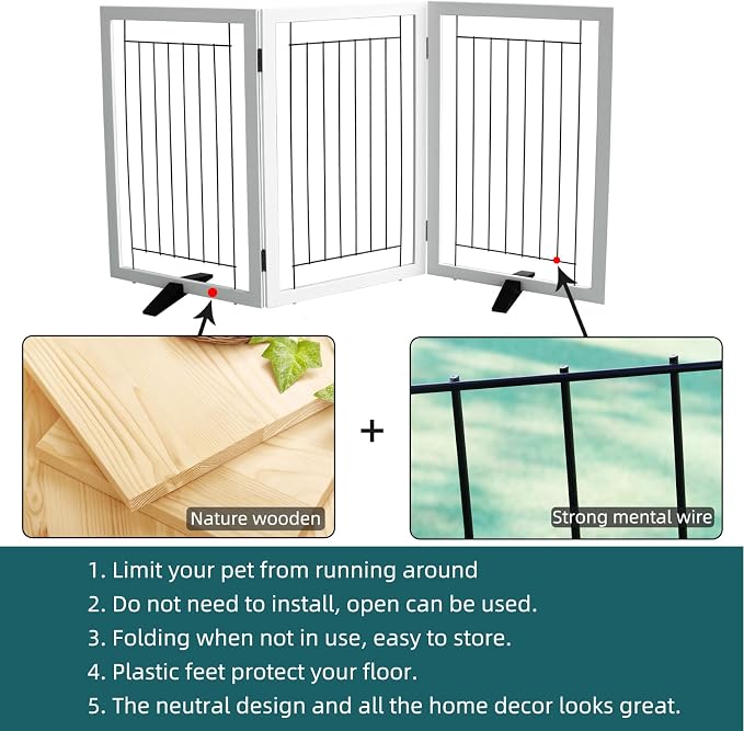 Dog Fence Indoor - 3-Panel Freestanding Dog Gate for Doorways, Hallways, House or Stairs -60x32-Inch Retractable Foldable Expandable Wood Pet by SFJC (White)
