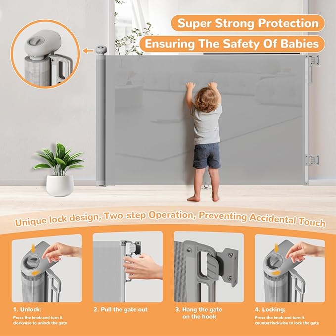 Retractable Baby Gate for Stairs & Doorways, Mesh Safety Gate for Child & Dogs, Child Gate with Door, 34" Tall, Extends Up to 55" Wide Baby Proofing for Home (Gray)