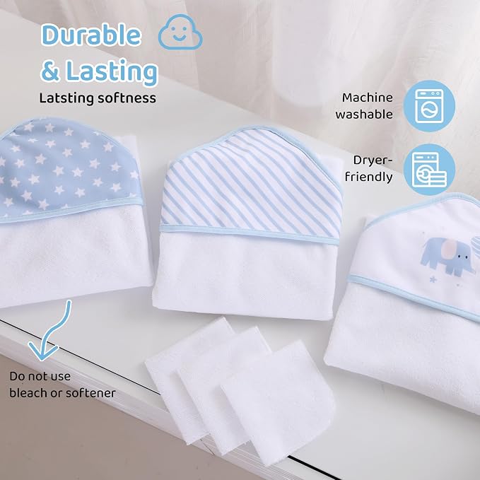 Mooreeke Baby Towel with Hood for Boys Blue Elephant Bath Towel for Babies Ultra Soft Absorbent 3 PCS Baby Towels and 3 PCS Washcloths for Newborn Essentials