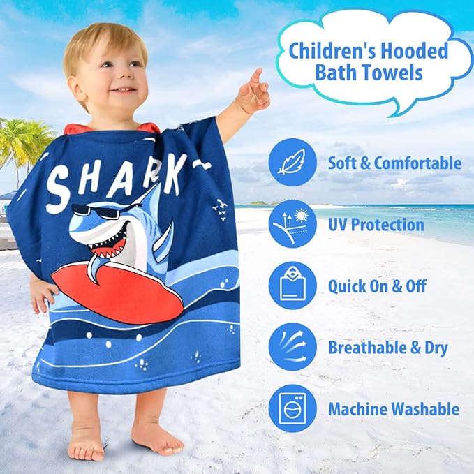 HUANLANG Kids Hooded Bath Poncho for Boys & Girls Super Soft & Absorbent Cotton Shark Towel for Toddlers 2-6 Years Old