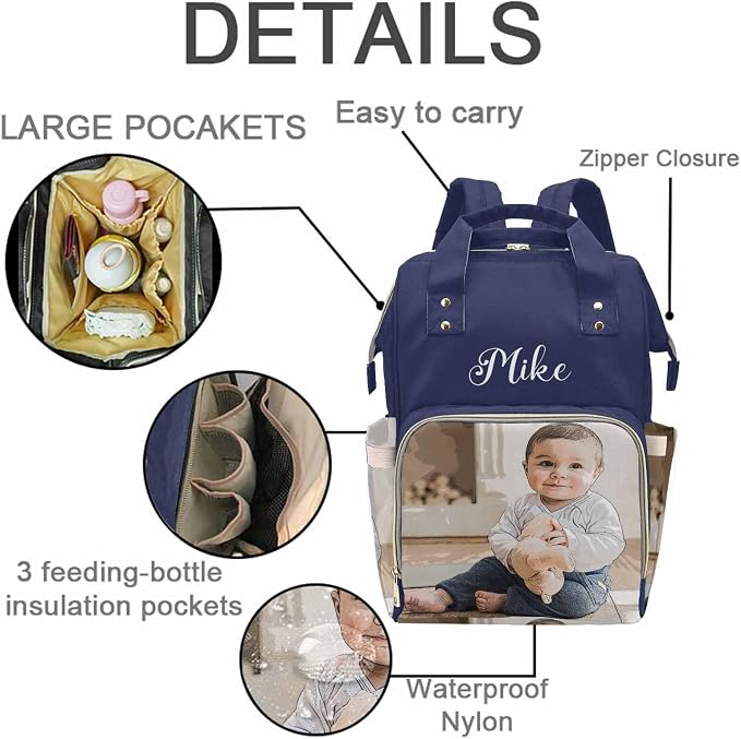 M YESCUSTOM Custom Diaper Bag with Name & Photos for Mom Dad, Personalized Blue Diaper Backpack with Text Waterproof Nappy Mommy Bag for Mother's Day New Born Gift