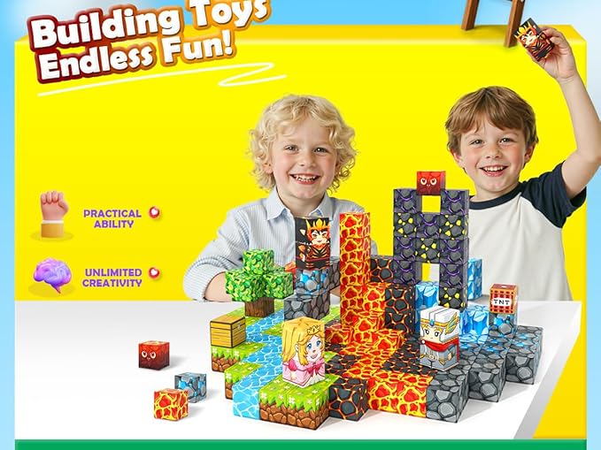 Magnetic Blocks - Build Mine Magnet World Lava Valley Set, 1" Magnetic Cube Building Toys for Kids Ages 3+, Montessori Sensory Toys for Toddlers, Creative Game Themed Toy Gifts for Boys & Girls