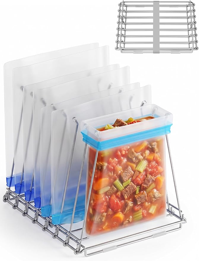 NiHome 2-in-1 Foldable Drying Rack – Stainless Steel Holder for Ziplock Bags, Plastic & Silicone Storage Bags, Cups, Dishes, and Baby Bottles. A Rust-Resistant Kitchen Drying Stand