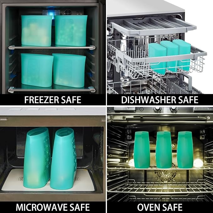 Reusable Freezer Bags Quart Size, 4 Pack, 100% Silicone Stand Up Ziplock Reusable Silicone Food Storage Bags Sandwich Bags Containers, Freezer Microwave Oven Dishwasher Safe, Aqua, 33.8fl.oz