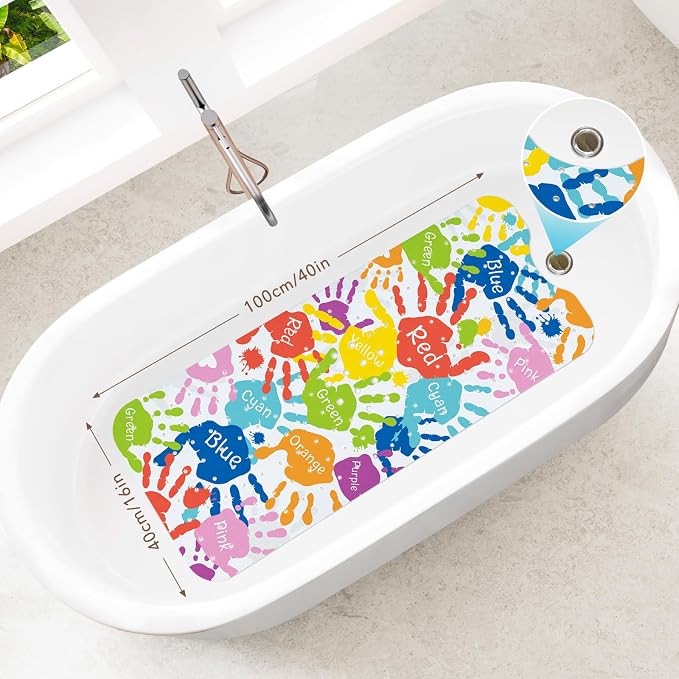 SHUCHING Handprints Baby Bath Mat for Tub Non Slip-40 X 16Inch, Kids Bathtub Mat Anti Slip, Toddler Long Shower Mat for Bathroom Mold Free, Machine Washable