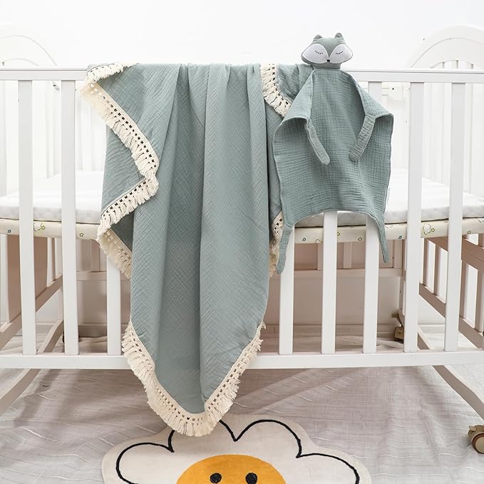Cotton Muslin Baby Blanket with Tassel,Fox Lovey Security Blanket,Soft Breathable Nursery Decor,Nursing Cover for Newborn Infant Toddler 47"x47"(Dark Green)