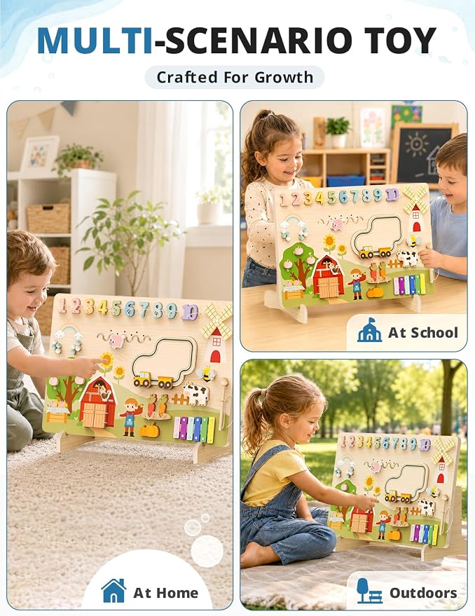 BlueWood Wooden Busy Board for Toddlers 18+ Months, 12-in-1 Montessori Philosophy Educational Toy, Activity Center Made from Basswood, No Drilling, Easy to Install & Store - Farm