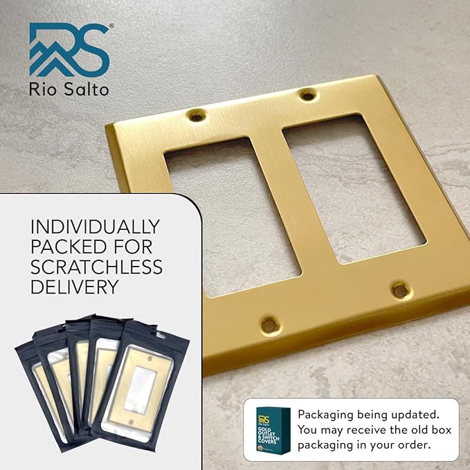 Rio Salto BRASS Signature Collection Brushed Brass Gold Metal Outlet Cover, Decorative Light Switch Cover Plate Wall Plate, Premium, Double Rocker Decorator 2-Gang, 4.56" x 4.50" Standard Size
