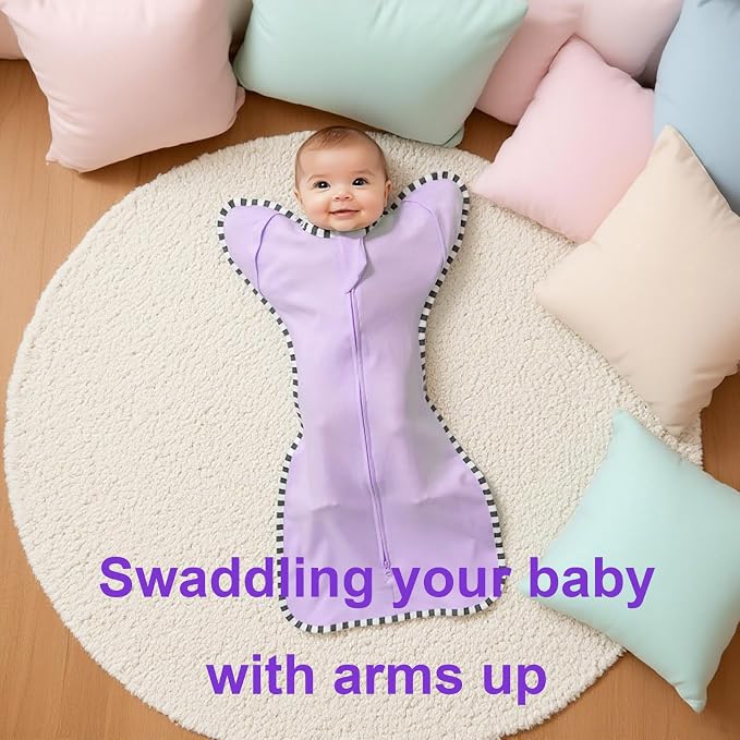 Transitional Baby Sleep Sack 2-Pack, 100% Cotton Newborn Wearable Blanket, Arms Up Design with 2-Way Zipper, Breathable Swaddle for Infants Boys Girls (Purple + Tan, Large 6-9 Months)