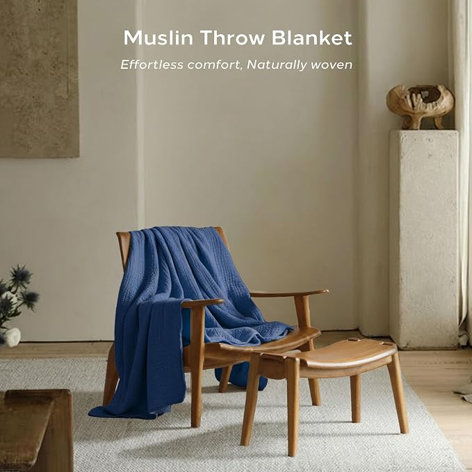 Threadmill Muslin Throw Blanket | 4 Layer 100% Cotton Gauze | Lightweight, Breathable, and Soft All Season Blanket | 50 x 65 Cozy Throw for Sofa, Couch & Bed | Folktone Blue