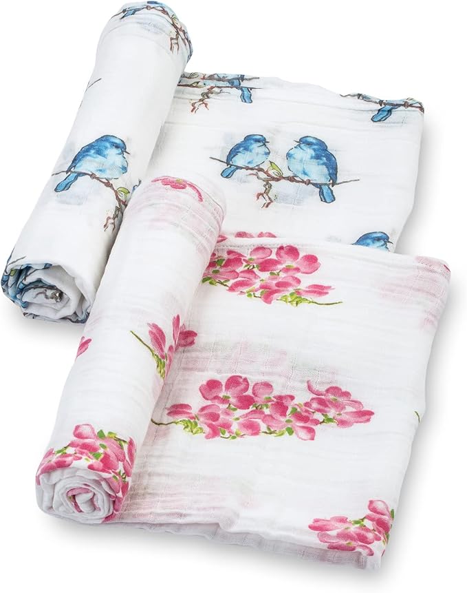 LollyBanks Baby Swaddle Blanket, 100% Muslin Cotton Muslin Blankets for Girls, Large 47 x 47 Inches Soft and Breathable Swaddles for Newborns, Baby Receiving Blanket, Registry (Flower and Bird 2 Pack)