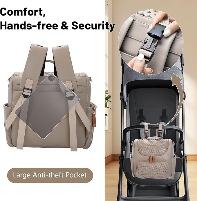 Minsong Diaper Bag Backpack, Small Diaper Backpack for Mom with Changing Station, Stylish Vegan Leather Travel Diaper Nappy Bags (Khaki)