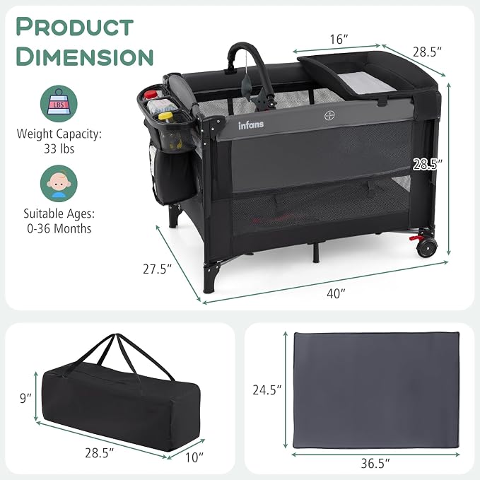 INFANS Baby Bassinet, 4 in 1 Pack and Play Baby Playard with Changing Table, Mosquito Net, Storage Basket, Travel Bag for Newborn 0-36 Months (Black)