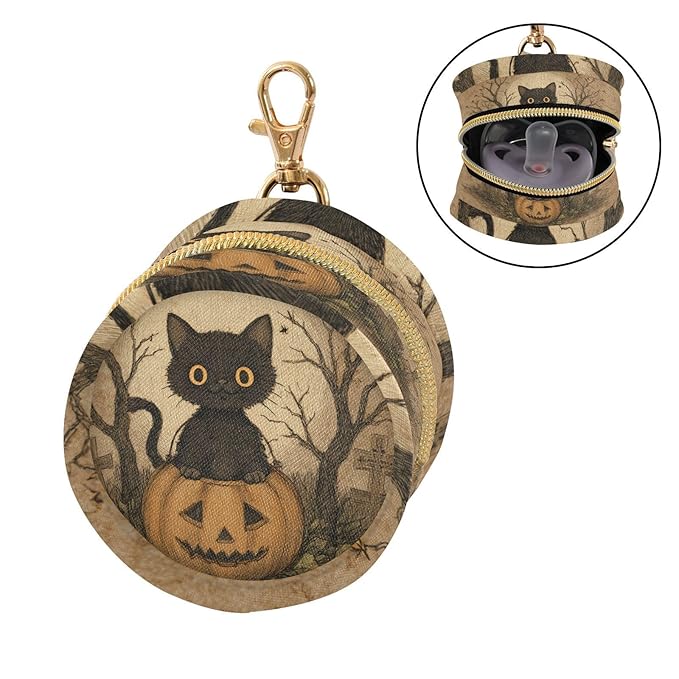 Pacifier Holder with Clip Pacifier Case for Diaper Bag Round Baby Pacifier Pouch Box Bag Portable Cat Halloween Pumpkin
