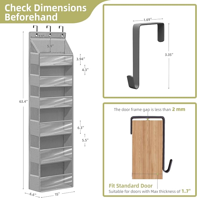 Over Door Organizer with 6 Extra Large Pockets 12 Side Pockets, Sturdy Closet Storage Rack, Hanging Storage Organizer with Clear Window for Shoes, Diapers, Bedroom, Bathroom, Grey, 3-Pack