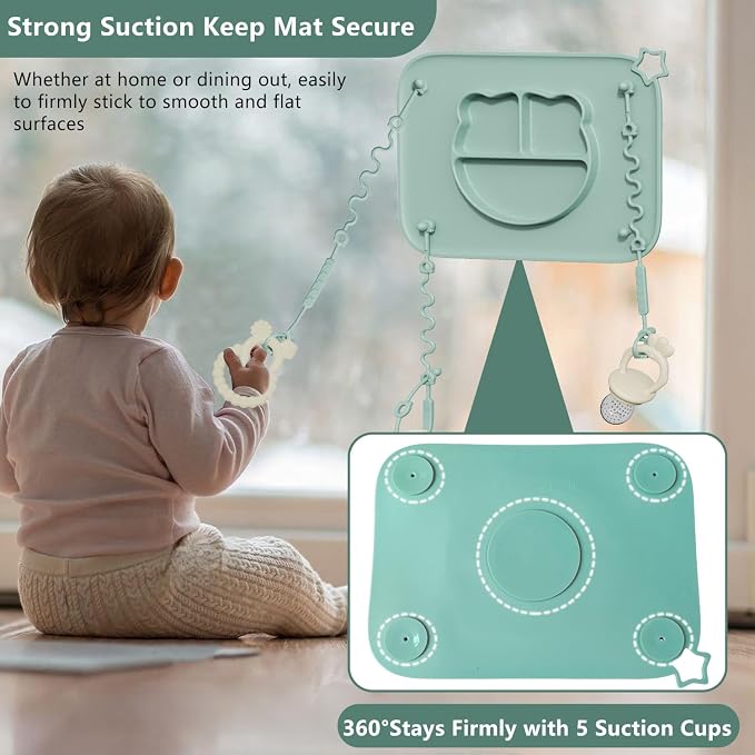 1 Pack Silicone Mat for Babies, Baby Placemat Built-in Suction Base and Equipped 4 Toy Straps & Anti-Peel Design, Activity Mat for Infants to Toddlers, Keeps Babies Essentials Off The Floor, Pink