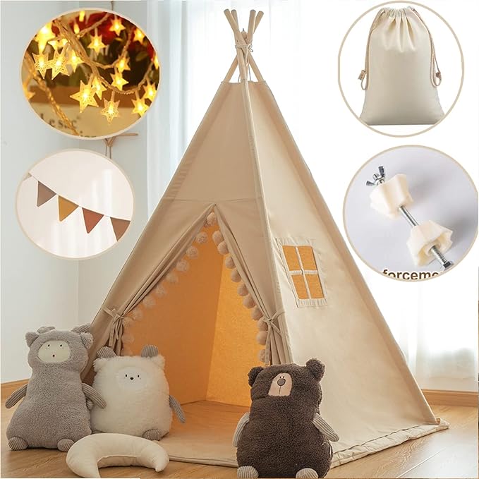 RONGFA Teepee for Kids Tent Indoor with Floor Mat,Carry Bag,Banner,Play Cottage with Star Light, Cotton Canvas Kids Teepee Tent for Girls & Boys, Pompom Ball Design, Foldable Teepee Tent