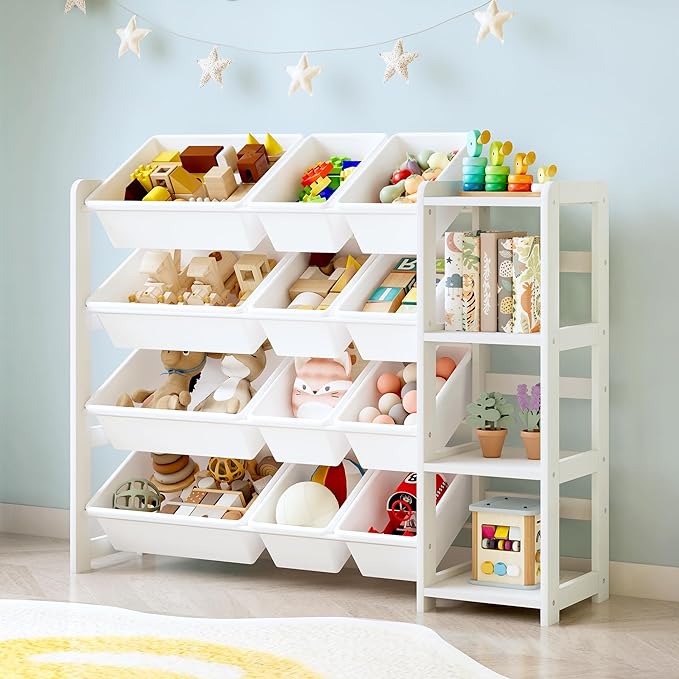 MallBest Kids Toy Storage Organizer with Bookshelf – Wooden Toy Bin Organizer with 12 Storage Bins & 3-Tier Shelf, Toy Shelf for Toddlers, Nursery, Playroom, Bedroom（White）