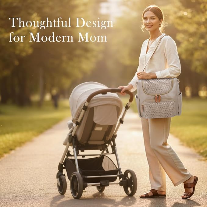 Minsong Diaper Bag Backpack, Small Diaper Backpack for Mom with Changing Station, Stylish Vegan Leather Travel Diaper Nappy Bags (Khaki)