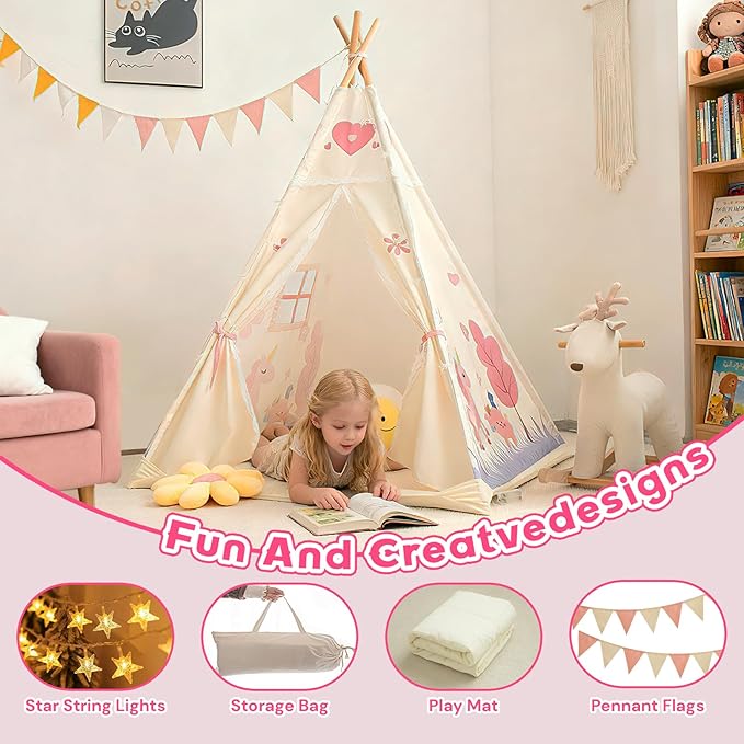 Teepee Tent for Kids, Play Tent with Padded Mat & Star Lights, Indoor Play Tent for Girls & Boys, Pink Unicorn